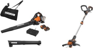 WORX - Aspirateur/Souffleur Brushless sans Fil 40V - 4Ah - WG583E & Powershare Coupe-Bordure sans Fil Alimenté par Pile Li-ION 20 V, WG163E.9 0W, 20V, Noir, Orange